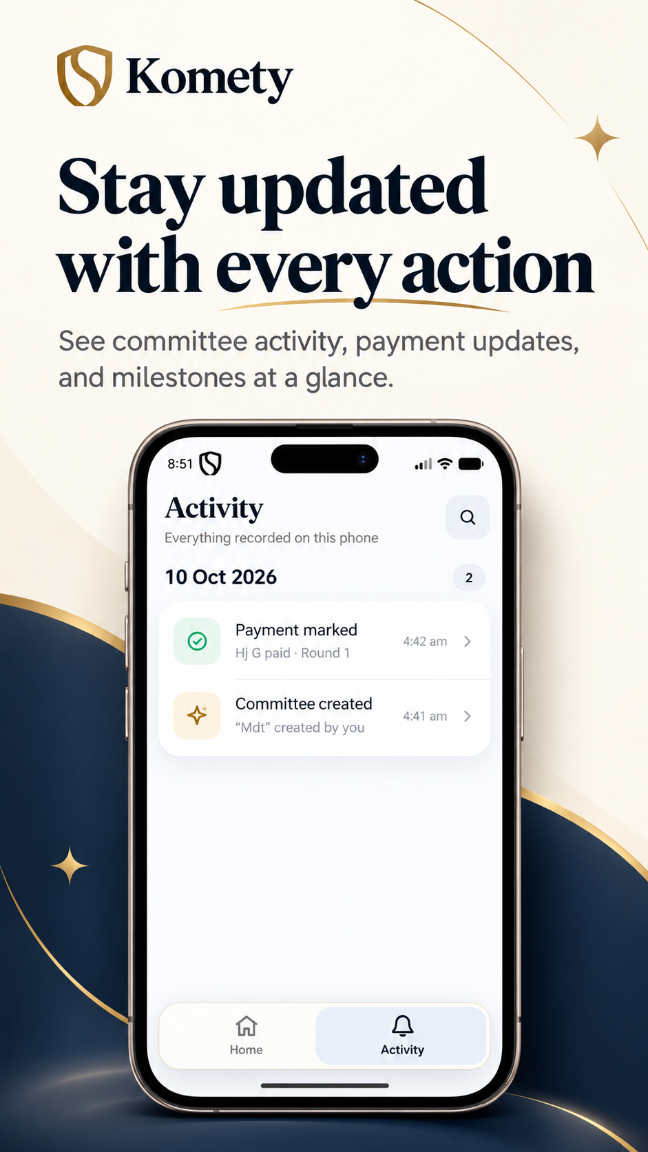 Activity screen with payment and committee updates