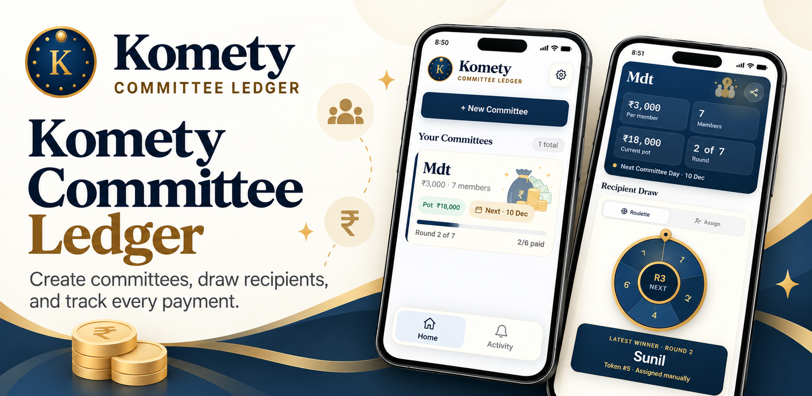 Komety committee ledger overview showing committees and recipient draw